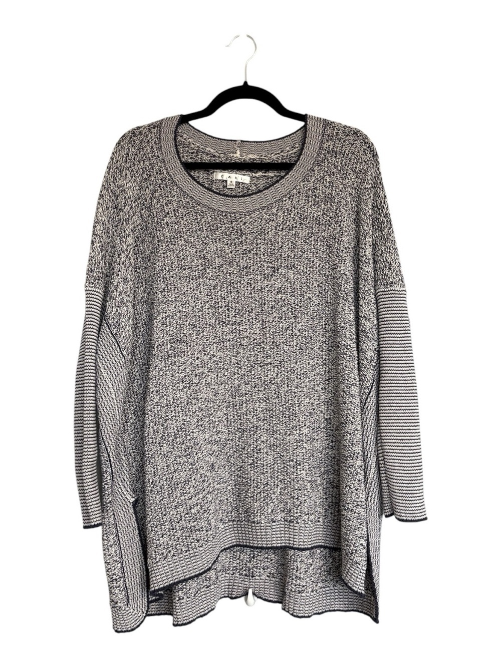 Cabi Oversized Marled Knit Tunic Sweater Size S Navy Gray Striped Sleeves
